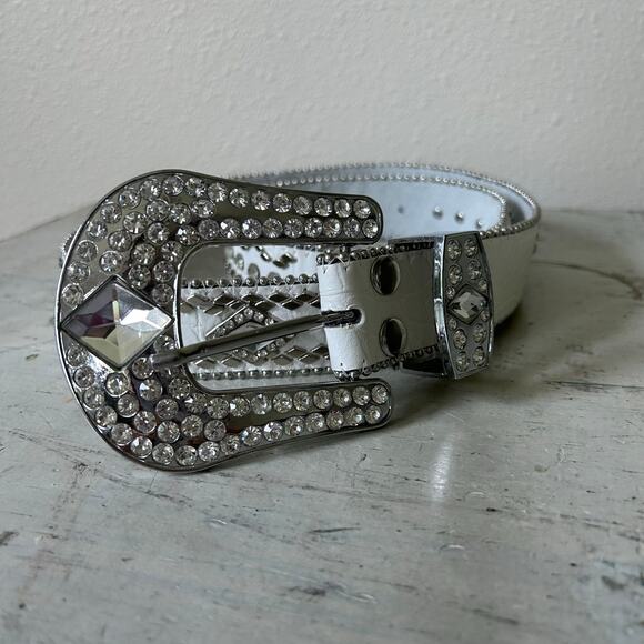 Western Leather bling belt Rhinestone cowgirl rodeo queen sparkle white 36 L - Picture 6 of 10